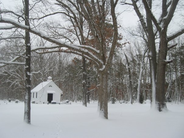 The chapel and cemetery in winter, Steelmantown Cemetery