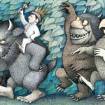 An illustration from Where The Wild Things Are featuring a boy wearing a crown riding on the back of a giant monster in a forrest
