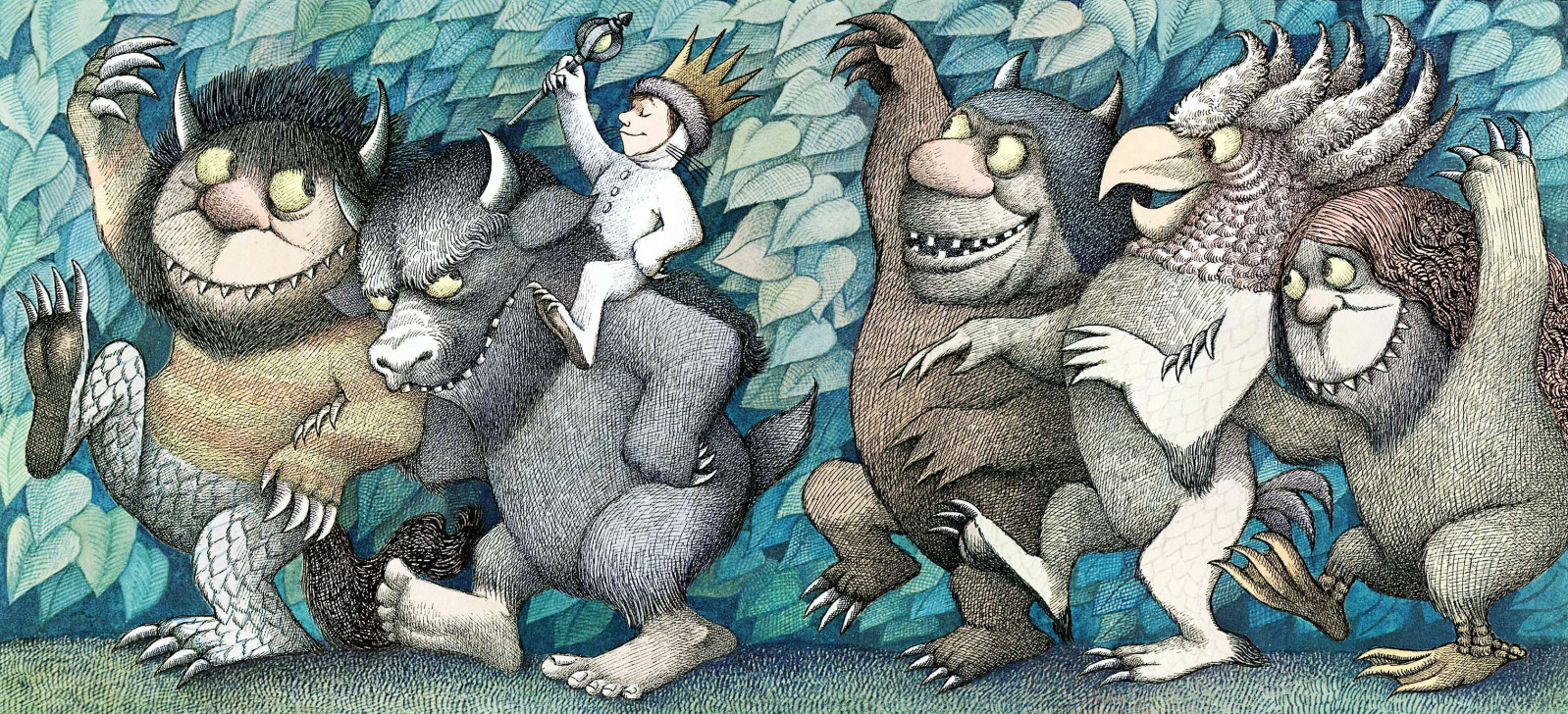 An illustration from Where The Wild Things Are featuring a boy wearing a crown riding on the back of a giant monster in a forrest
