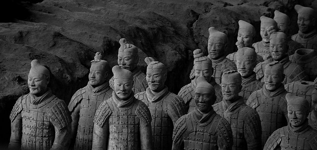 Soldiers made out of terracotta stand together