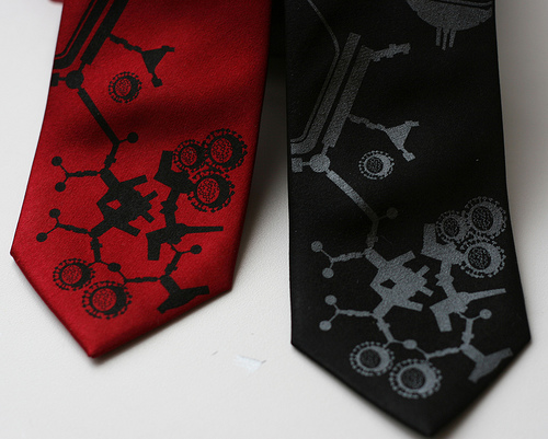 Bethany Shorb's Terminal Illness neckties, featuring one red and one black tie with flu molecule designs on them
