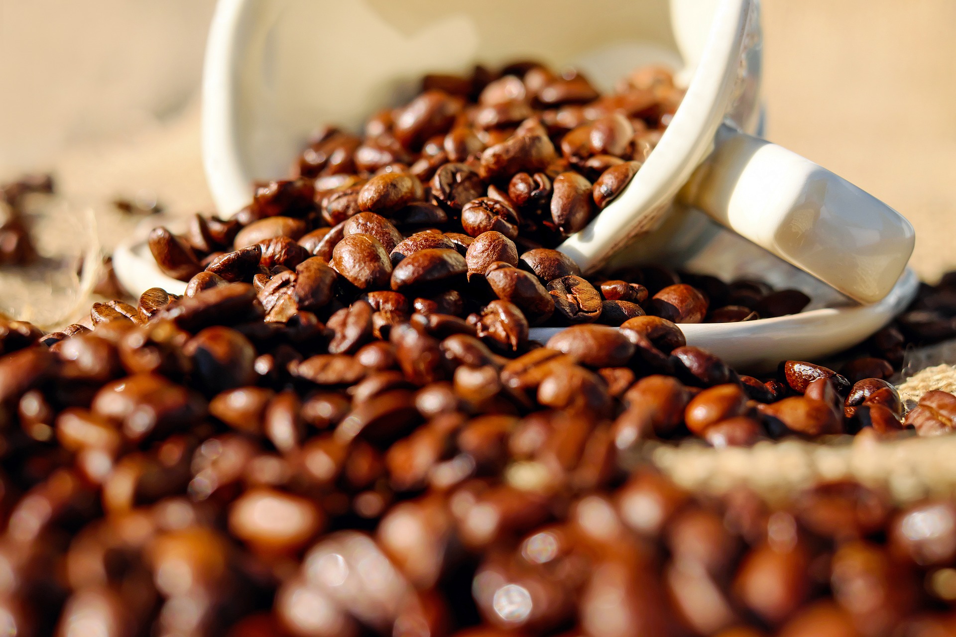 Coffee beans spilling out of a coffee cup to symbolize caffeine.