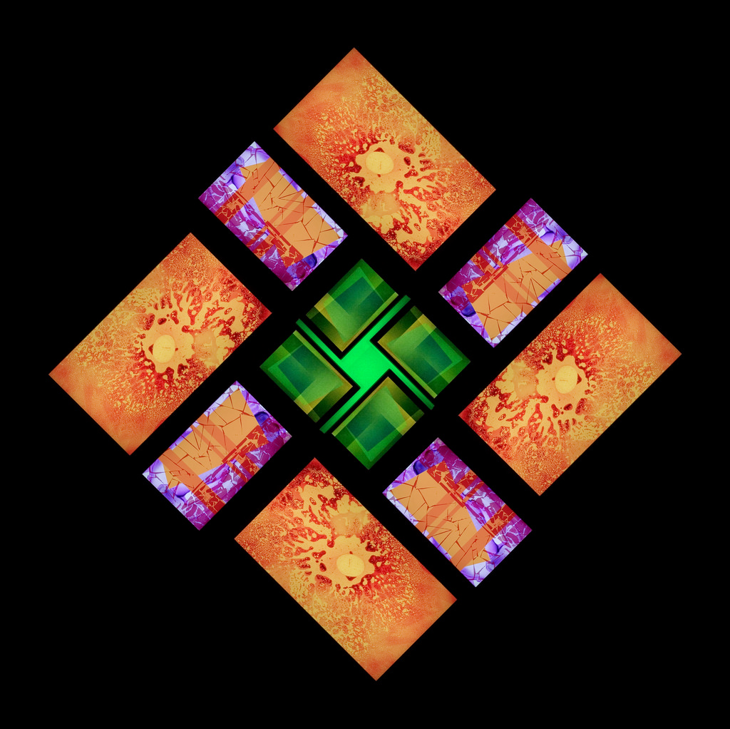 An image from Brian Eno's The Quiet Room and 77 Million Paintings, with orange and green rectangle shapes