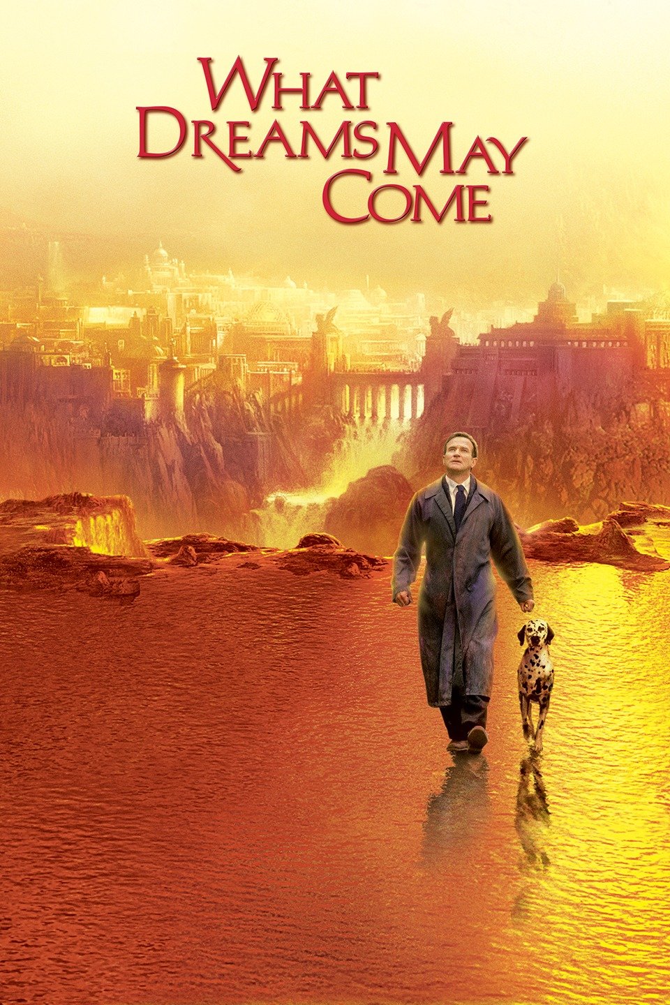 The official poster of the film "What Dreams May Come," showing Robin Williams walking next to a dog in an orange background.