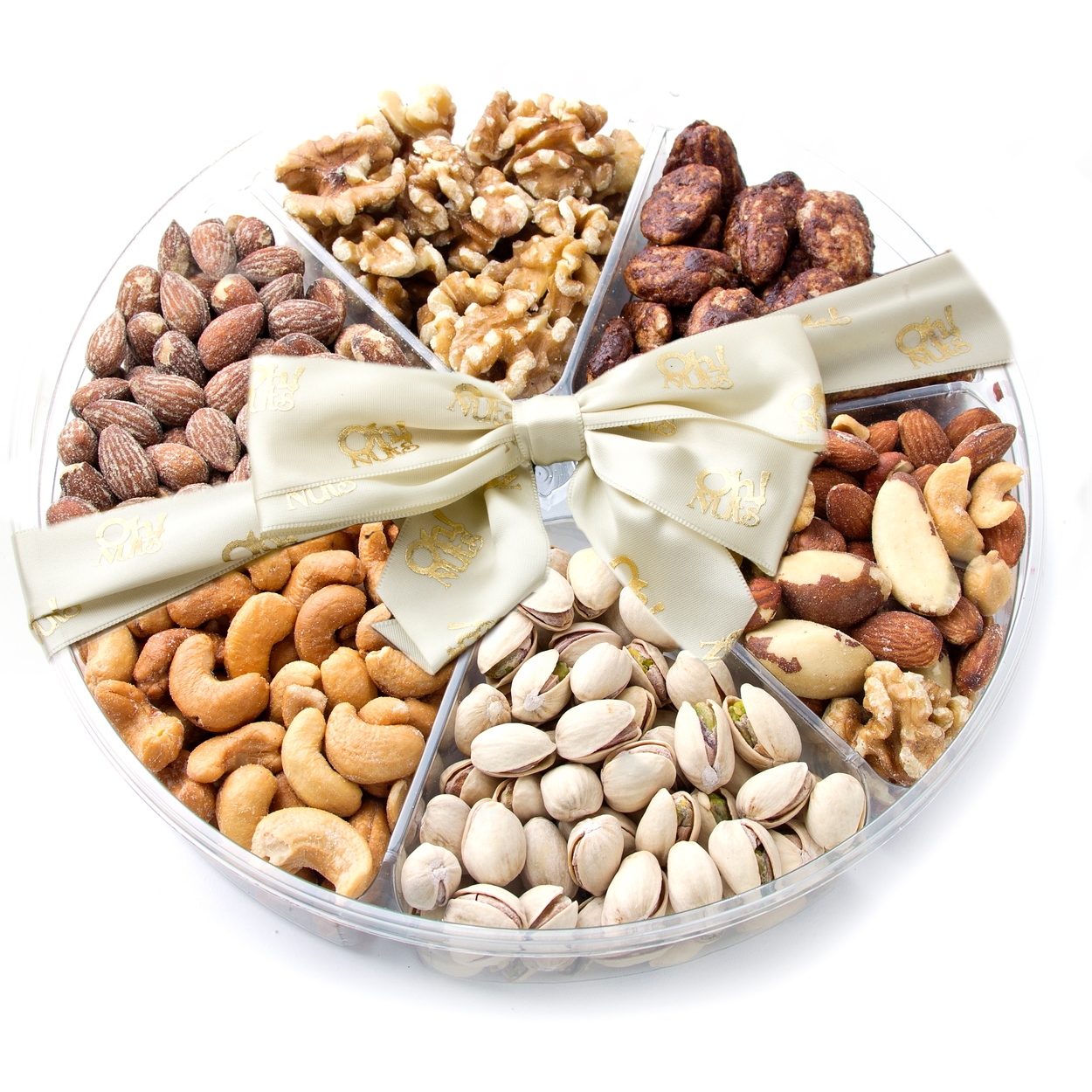 Round container divided into six sections filled with mixed nuts as a holiday gift.