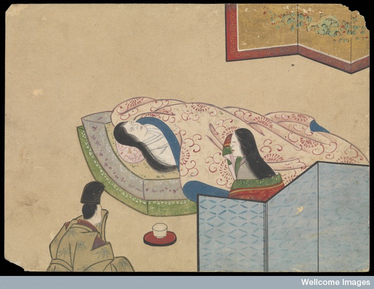 Painting shows a woman who has died surrounded by family