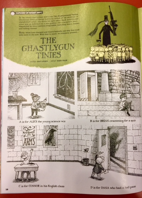 Satirical comic strip in Mad magazine send a message about stricter gun laws.