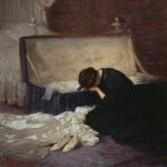 The painting, The Wedding Dress, by Frederick Elwell shows a young woman's grief