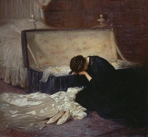 The painting, The Wedding Dress, by Frederick Elwell shows a young woman's grief