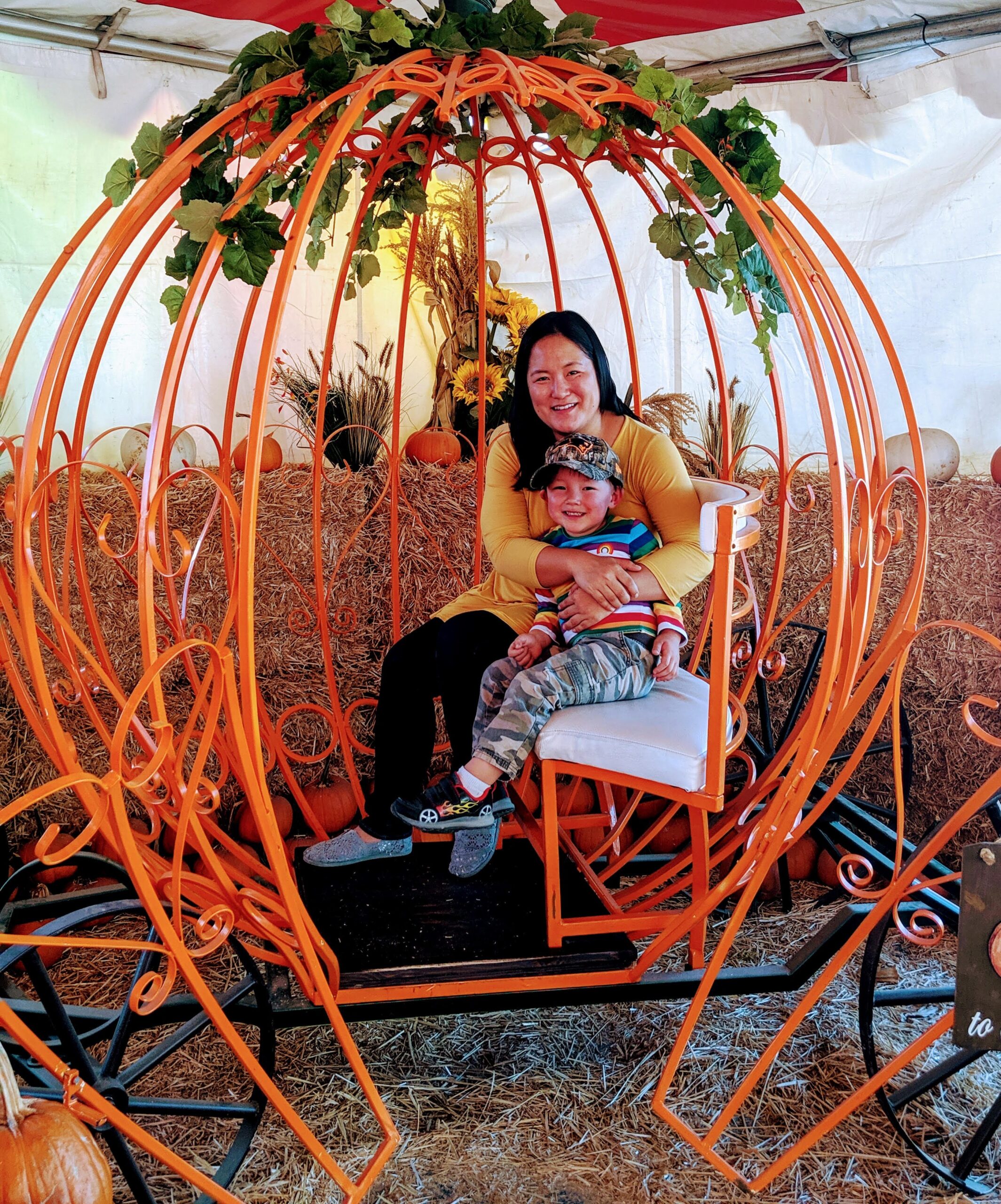 Emily Kil and her three-year-old son sitting in a metal carriage.