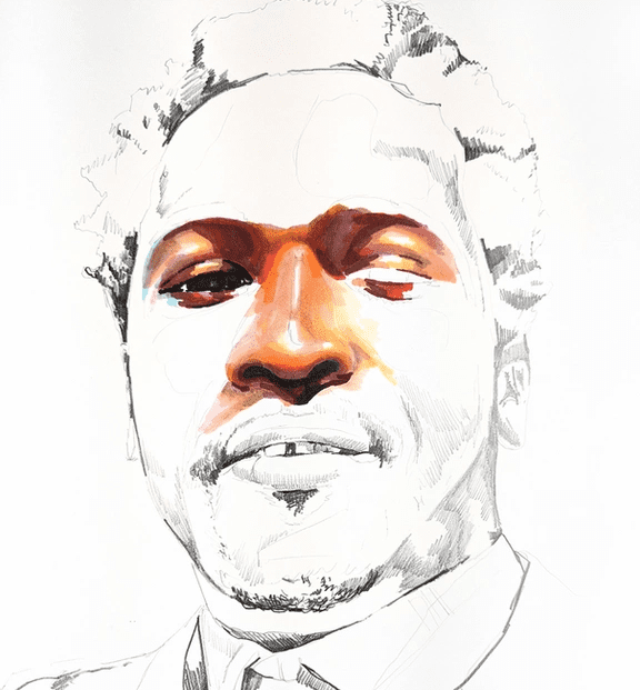 An intentionally unfinished portrait of Rayshard Brooks by Adrian Brandon from the series "Stolen"