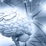 A digital graphic of the human brain, as shown from the side in a monochromatic silvery blue. The brain appears to be lit from behind, surrounded by enlarged nerve cells transmitting beams of light