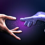 A digital hand reaches toward a human hand.