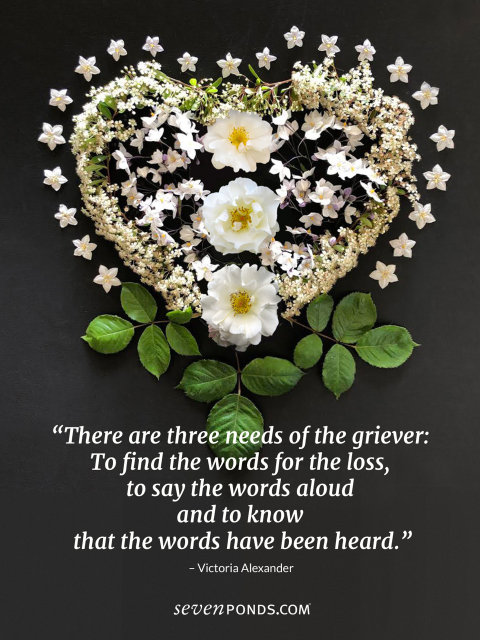 white flower handmade heart and quote about grief