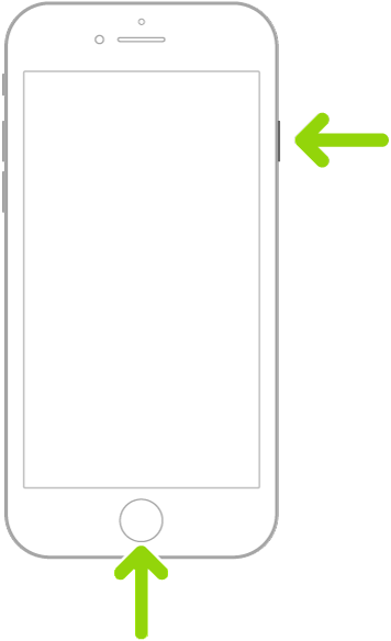 Line drawing of iPhone with arrows to right button and home button