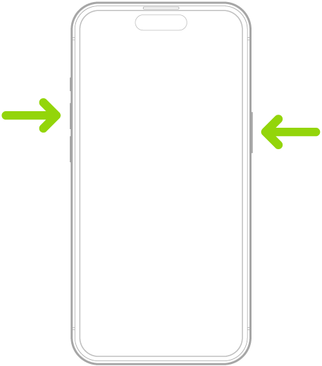Line drawing of iPhone with arrow to right-side button and volume-up button