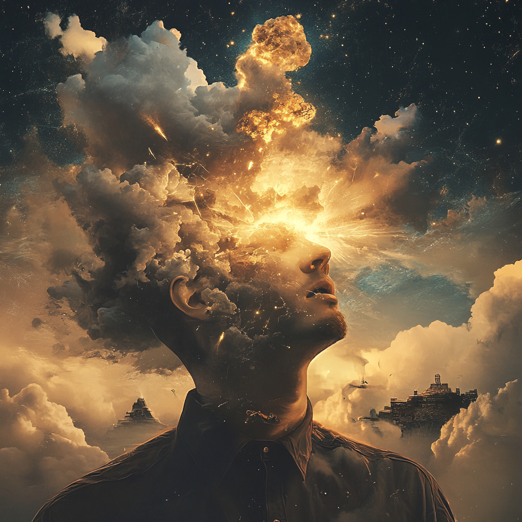 Illustration of head bursting with energy to illustrate terminal lucidity.