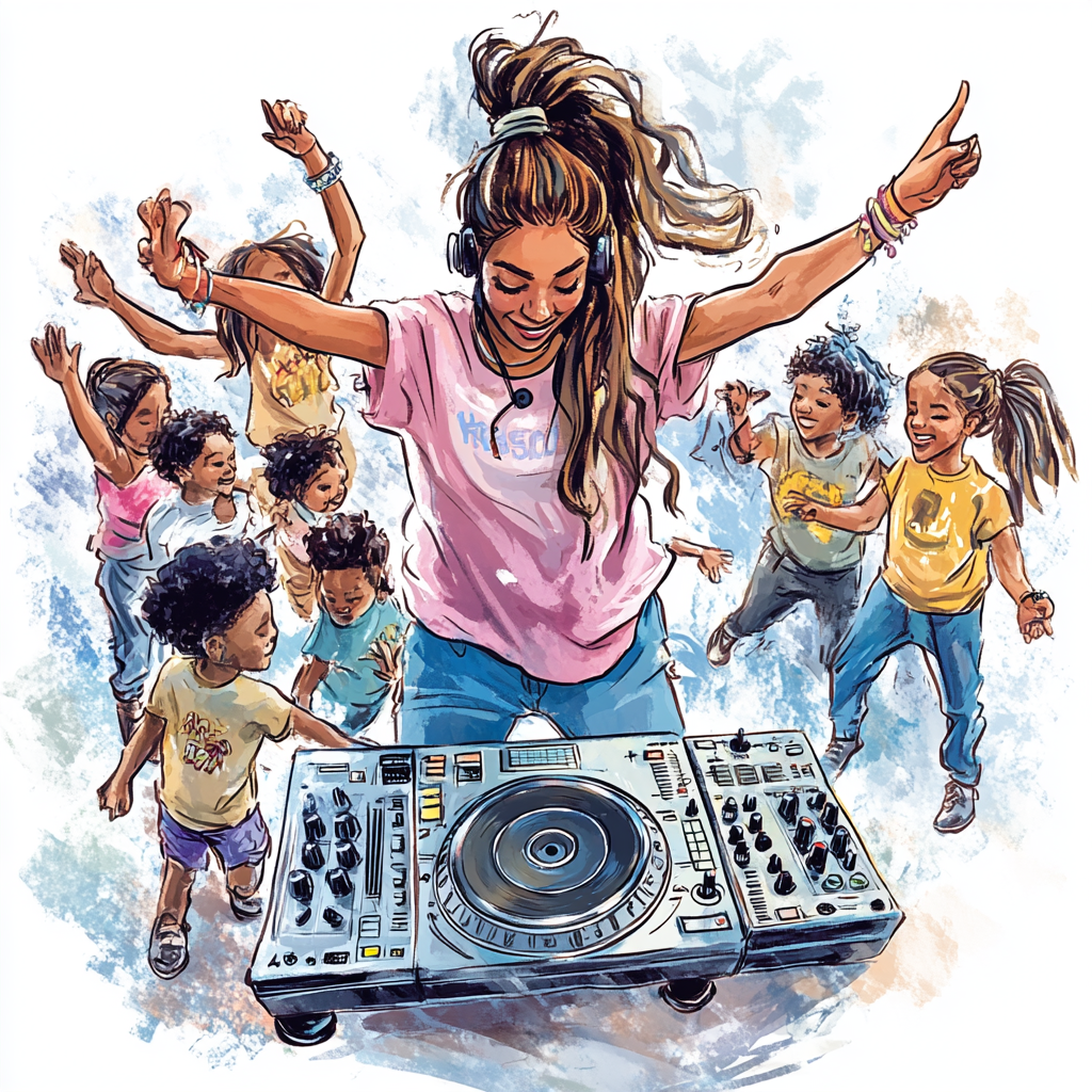 Illustration of female DJ leading young children in hip-hp therapy.