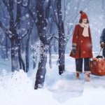 Two children - one girl in a red coat and a boy in a blue puffer coat - walk through a wintery, snowy forest together