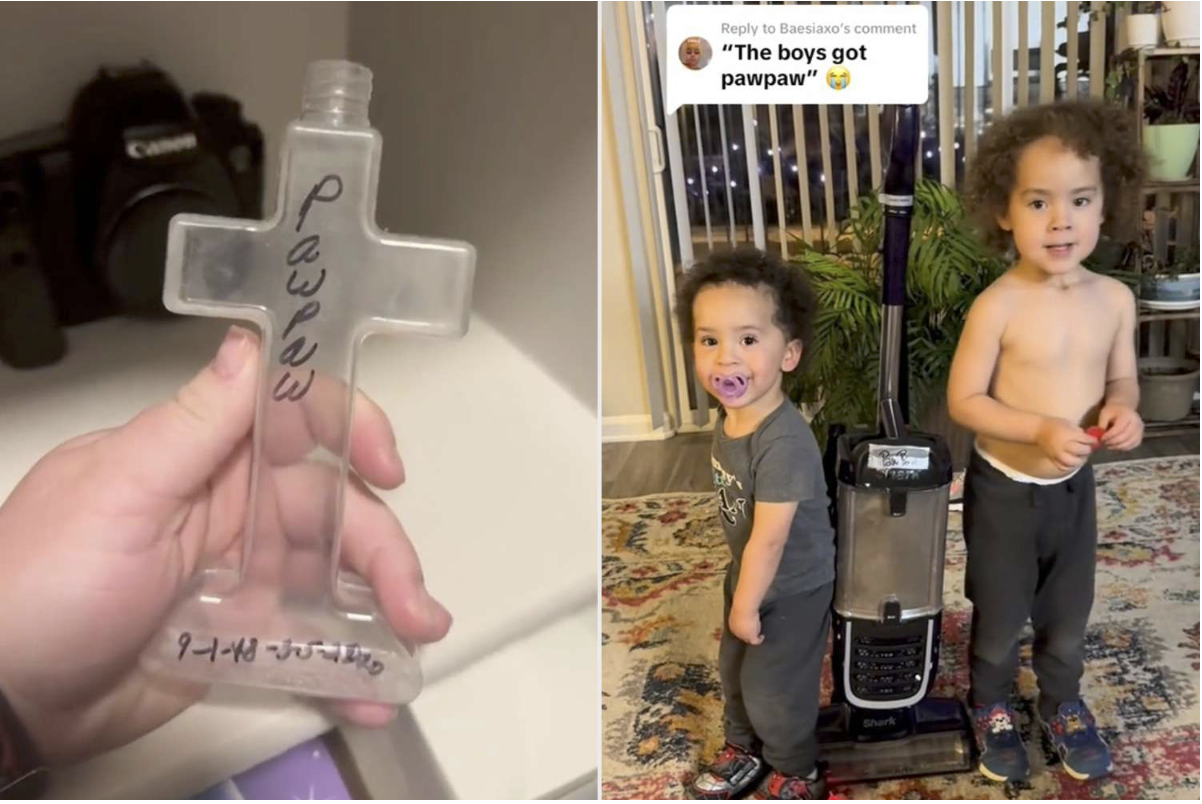 Side by side photos showing an empty cross-shaped urn and two pre-school boys.