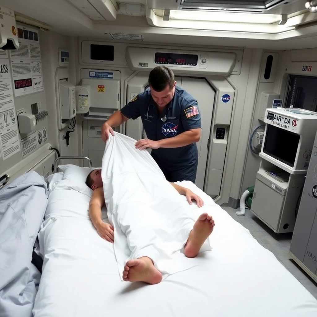 A male nurse covers a dead patient with a sheet on a space flight.