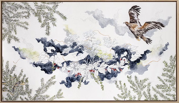 A bird, leaves and a snowy landscape.
