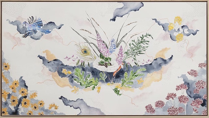 An evocaive scene with snow and flowers.