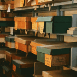 Shelves filled with cardboard storage boxes.