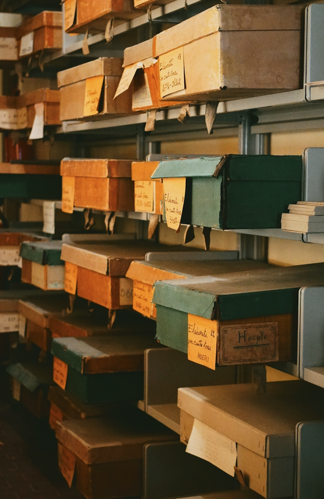 Shelves filled with cardboard storage boxes.