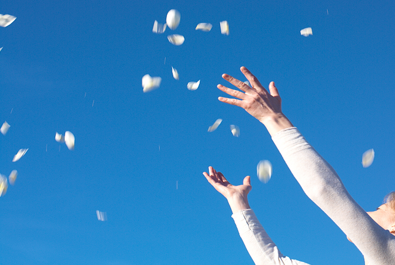 a woman throws rose petals in the air at a funeral service