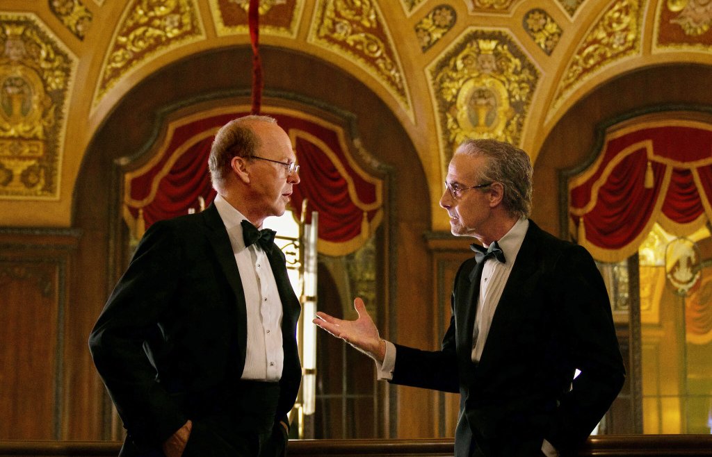 A still from the film, "Worth" depicting Feinberg (Keaton) and Wolf (Tucci) discussing the 9/11 Victim Compensation Fund.