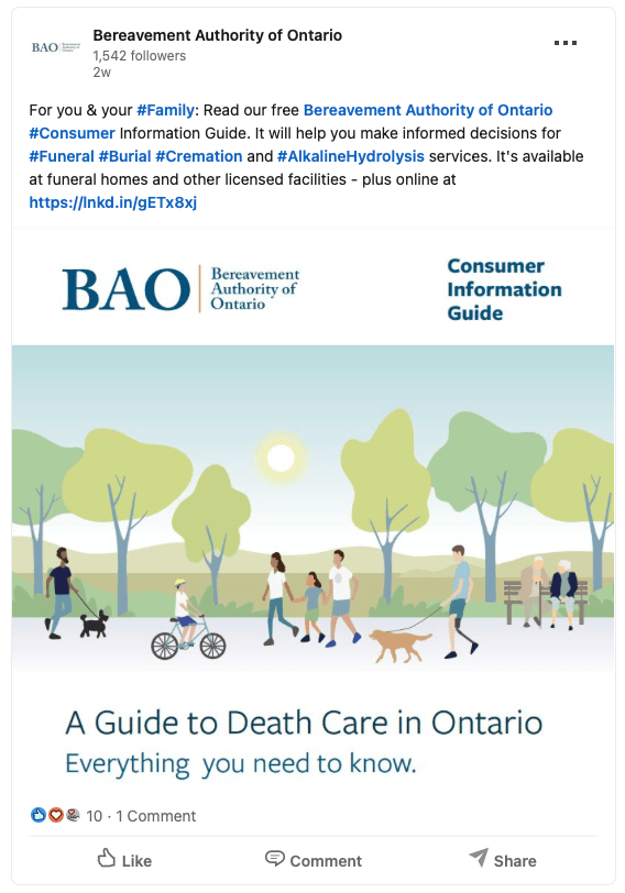 Instagram of BAO Canada announcing "A Guide to Death Care in Ontario, Everything you need to know."