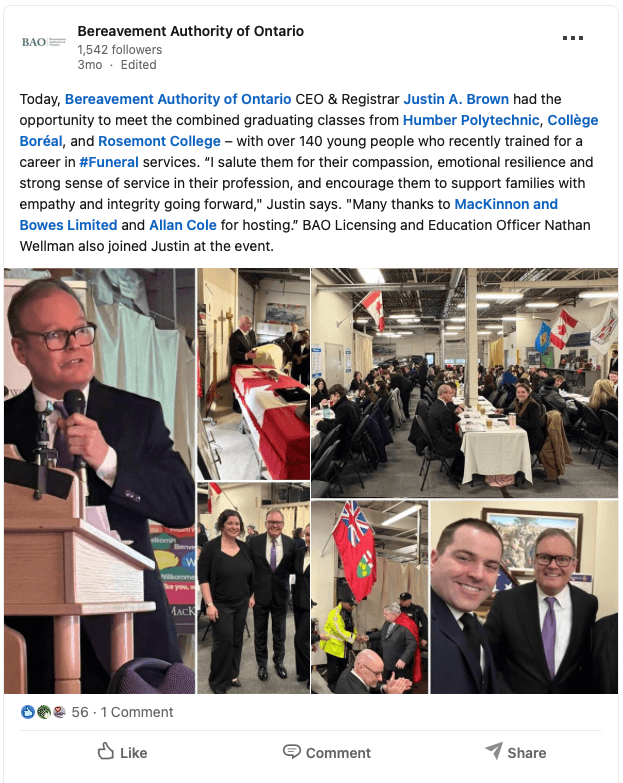 Instagram of Bereavement Authority of Ontario meeting in 2026