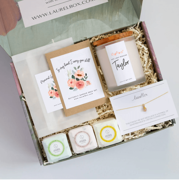 A decorative box with gift items for a friend who has suffered an infant loss.