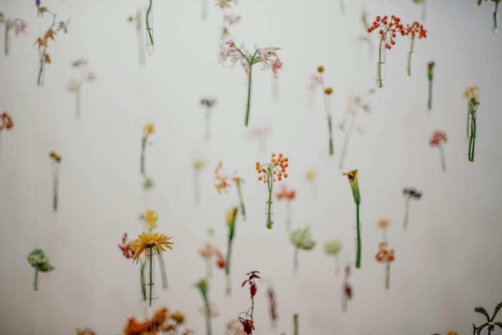 test tubes floating by filament as a wall of flowers at a celebration of life
