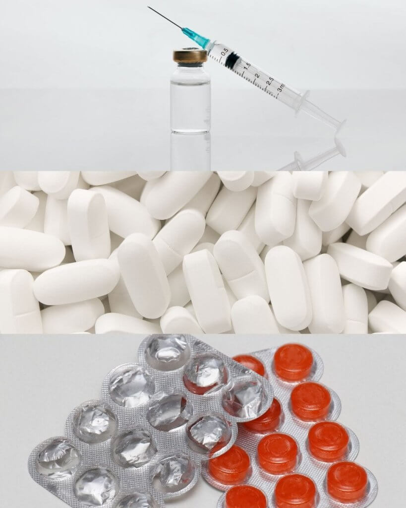 A compilation image of the different ways Ketamine can be administered: a syringe rests on a vial with clear liquid in the top photo; a pile of nondescript white pills is the image below that, and on the bottom is an image of an empty and full packages of red, circular lozenges.