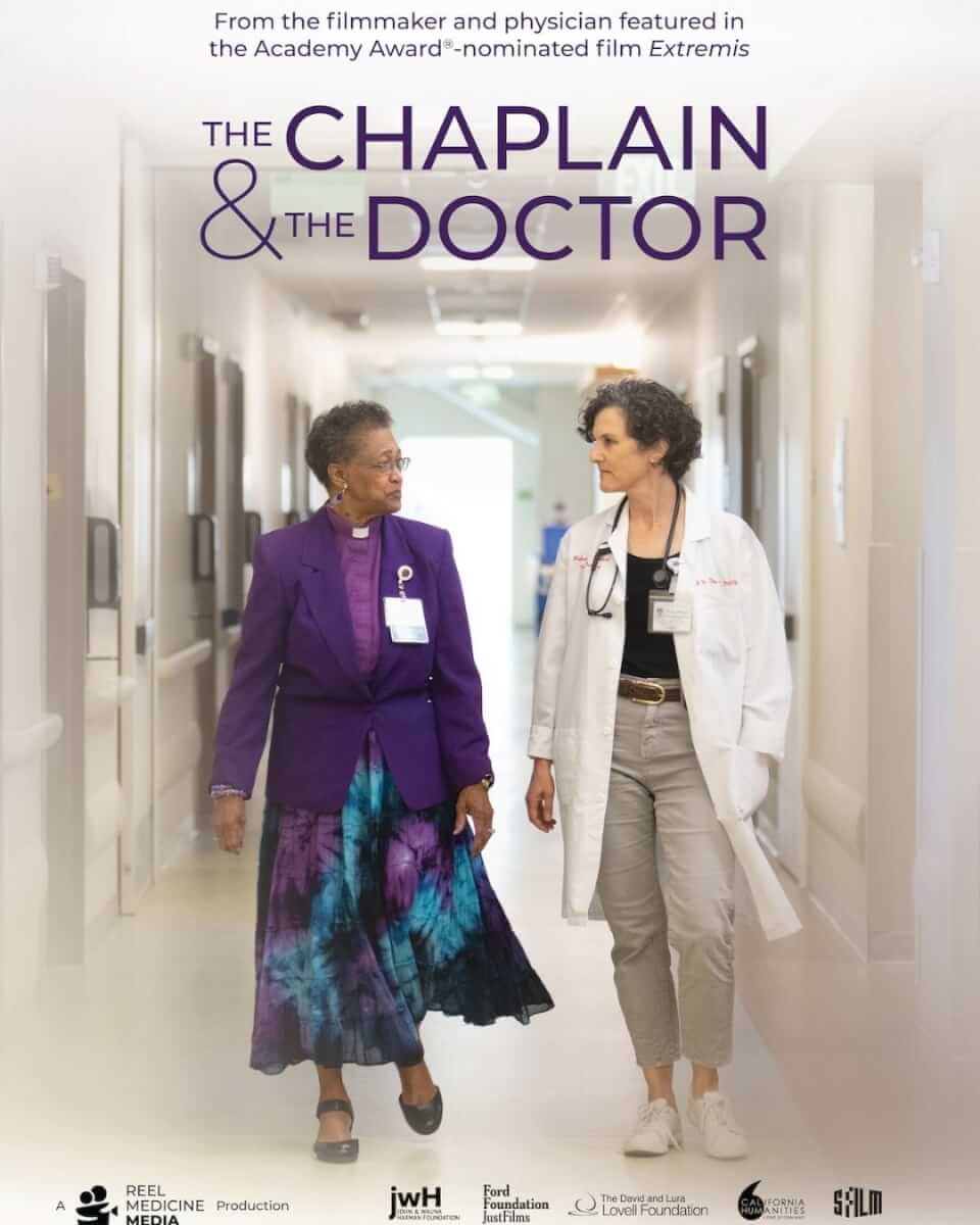 In the documentary's cover image, two women -- one, an older African American woman wearing a clerical collar, the other is a white woman wearing a doctor's coat and stethoscope around her neck -- are walking down a hospital corridor, looking at each other.