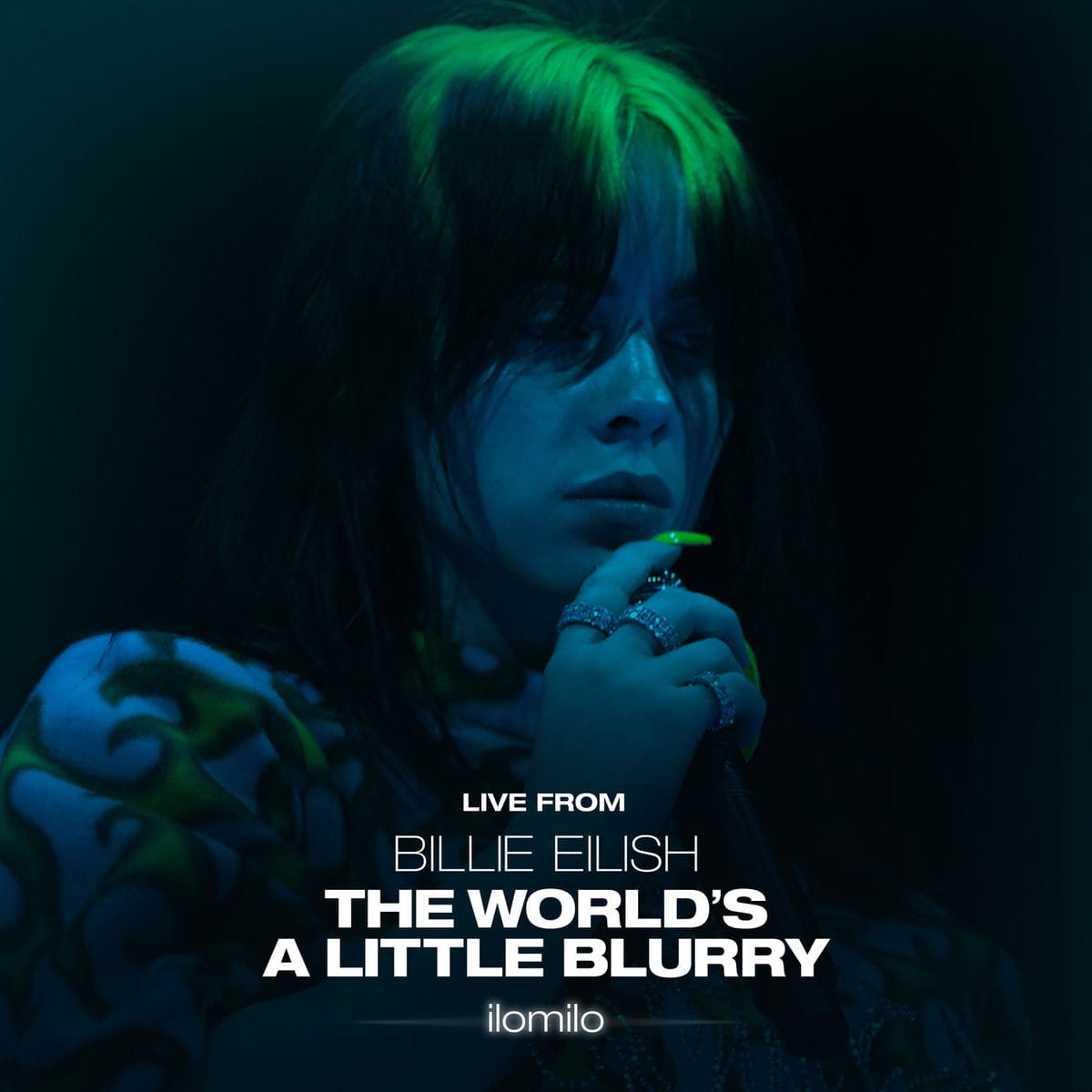 Billie Eilish album cover for The World’s a Little Blurry, featuring the singer in blue and green lighting