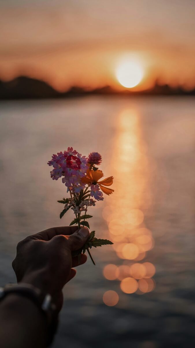 Hand holding small pink and orange wildflowers at sunset over a lake, a comforting image for grief and loss quotes
