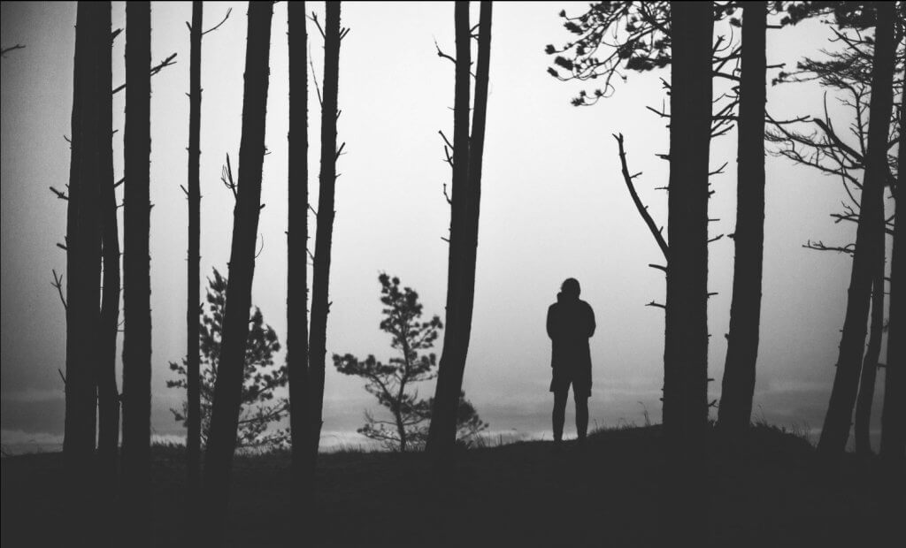 Black and white silhouette of a person standing alone among tall pine trees in the fog, evoking the solitude of grief and loss